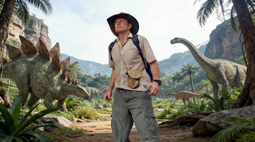 Dinosaur Hunter in action – in-character adventurer entertainer for Sydney kids’ parties.