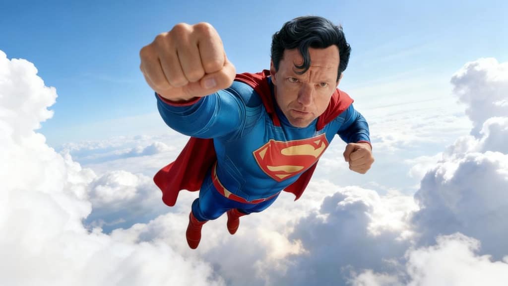 Superb Man - flying superhero party entertainer Sydney soars above the clouds