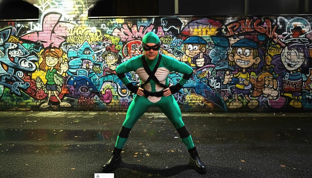 Pizza Powered Green Ninja in action – in-character adventurer entertainer for Sydney kids’ parties.