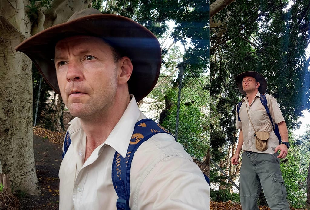 Dinosaur Hunter striking an adventure pose for kids party entertainment Sydney.