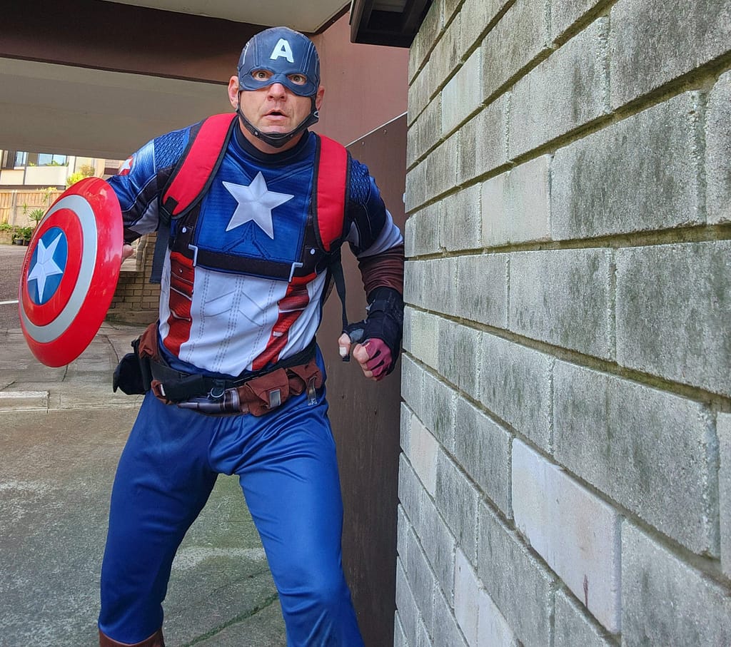Captain America poised to deliver kids party entertainment Sydney families rave about.