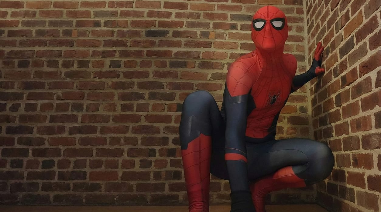 web-slinging superhero party entertainer Sydney - Spyder Man, striking an action pose for kids parties in Sydney