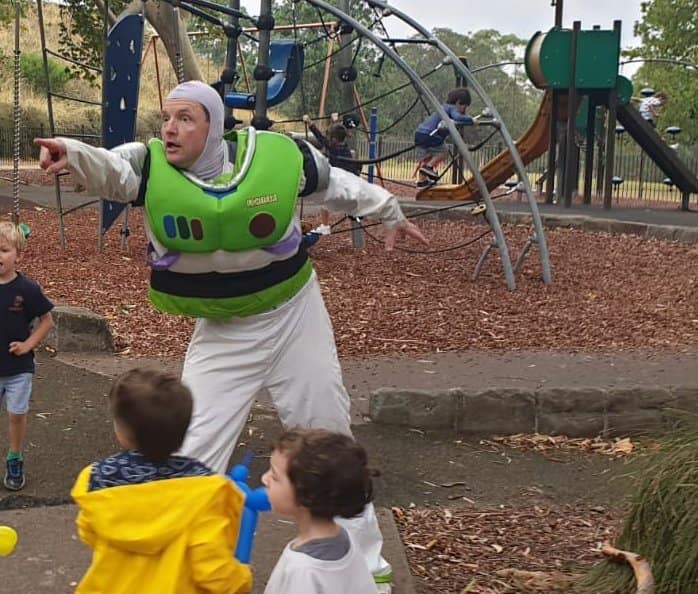 Kids party entertainment Sydney adventurer Buzz Lightyear inspiring imaginative adventure play at Sydney kids’ parties.