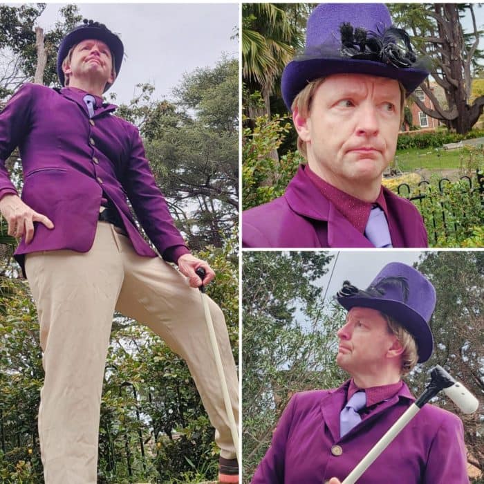 Kids party entertainer Sydney, Wally Wonky strikes several fashionable poses