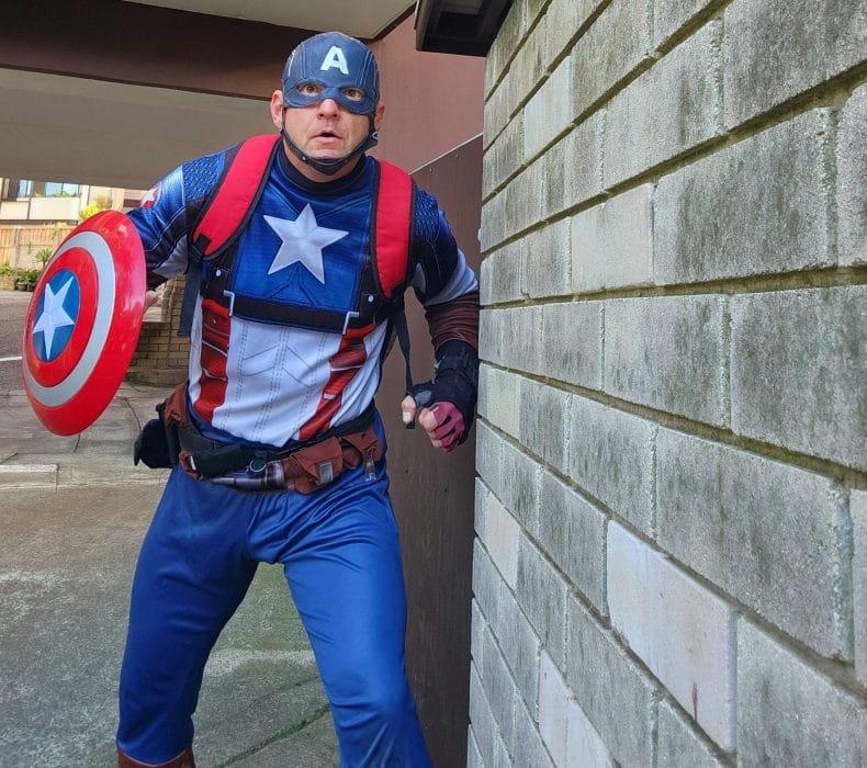 Captain America poised to deliver kids party entertainment Sydney families rave about.