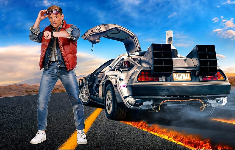 Marty McFly kids party entertainer in action - in-character high energy pose