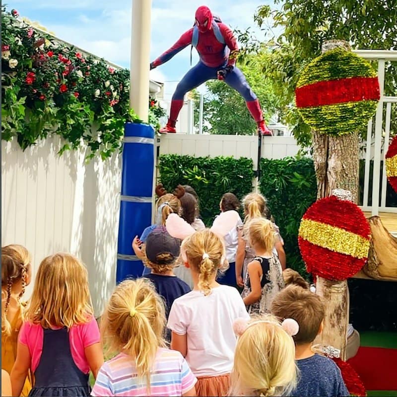 Spyder Man in action – web-slinging superhero party entertainer Sydney springs into action for imaginative play at Sydney kids’ parties.