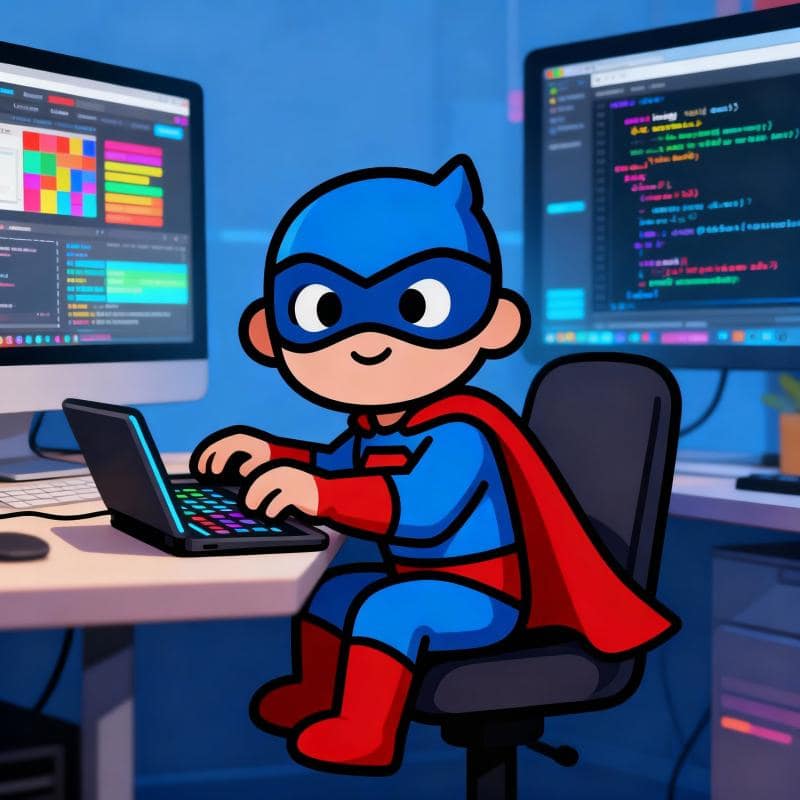 Superhero Central logo character typing at a laptop