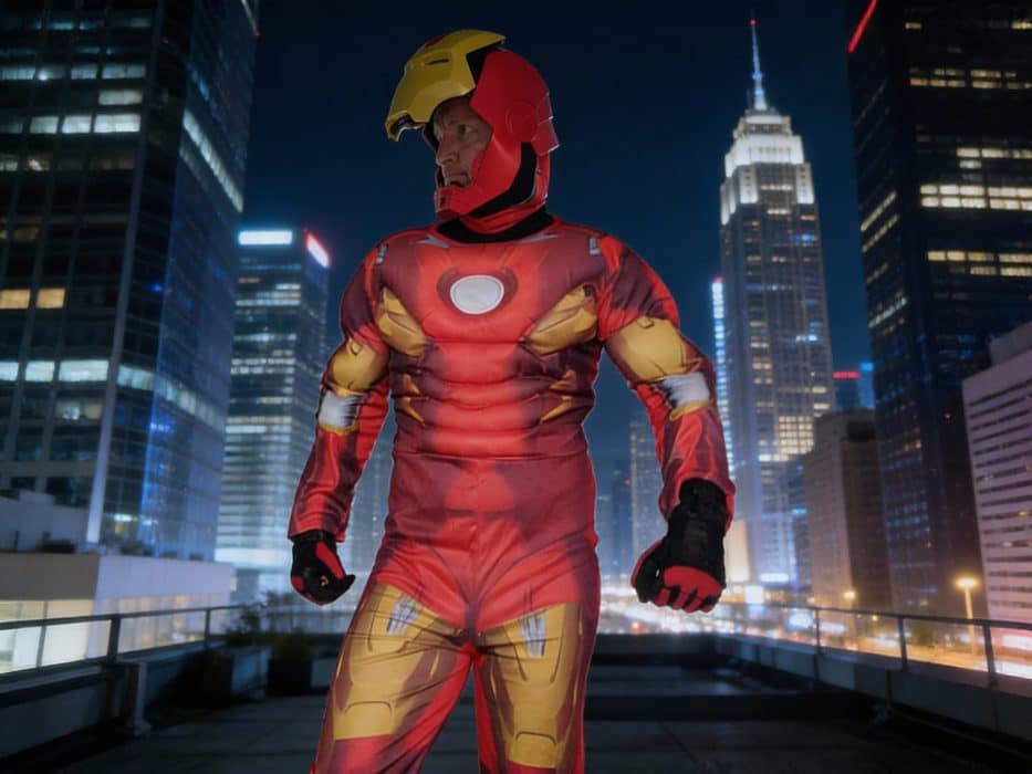 Tech-superhero party entertainer Sydney – Ironing Man strikes a heroic pose after saving the day